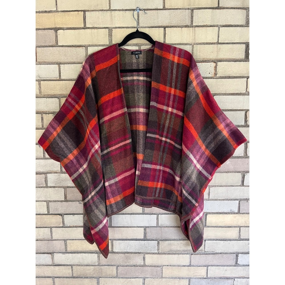 Talbots Plaid Wool Blend Open Shawl Cape Wrap Fall Red Olive Orange One Size